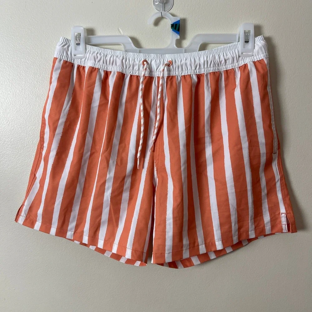 Goodfellow & Co Mens Orange White Striped Swim Trunks Mesh Lining Board Shorts M